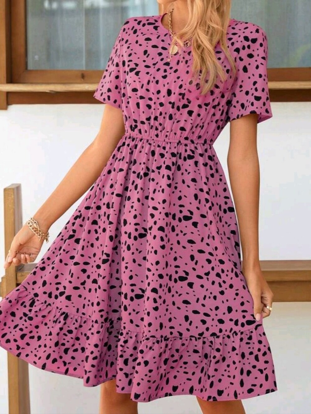 Womens Pink Short-Sleeve Printed Midi Dress